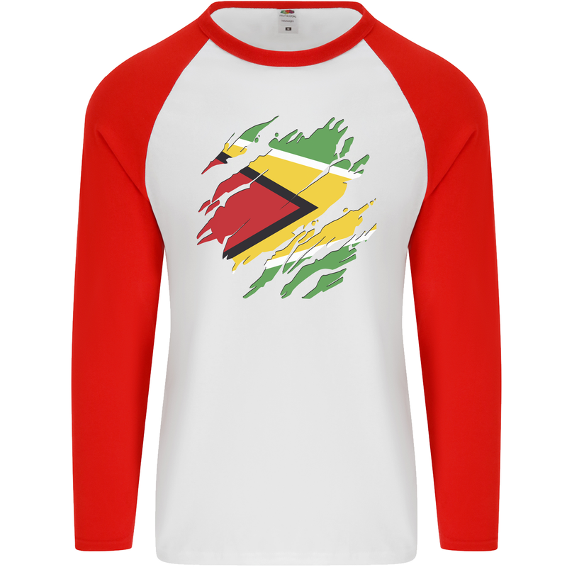 Torn Guyana Flag Guyanese Day Football Mens L/S Baseball T-Shirt White/Red