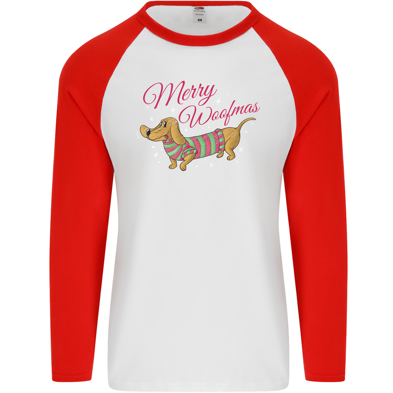 Merry Wiener Funny Christmas Dog Mens L/S Baseball T-Shirt White/Red