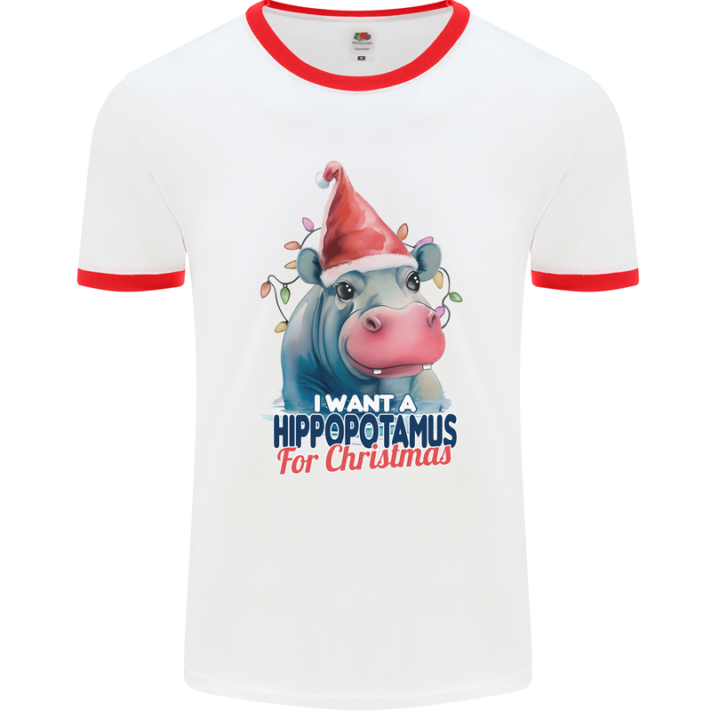 Hippopotamus For Christmas Hippo Xmas Mens Ringer T-Shirt White/Red