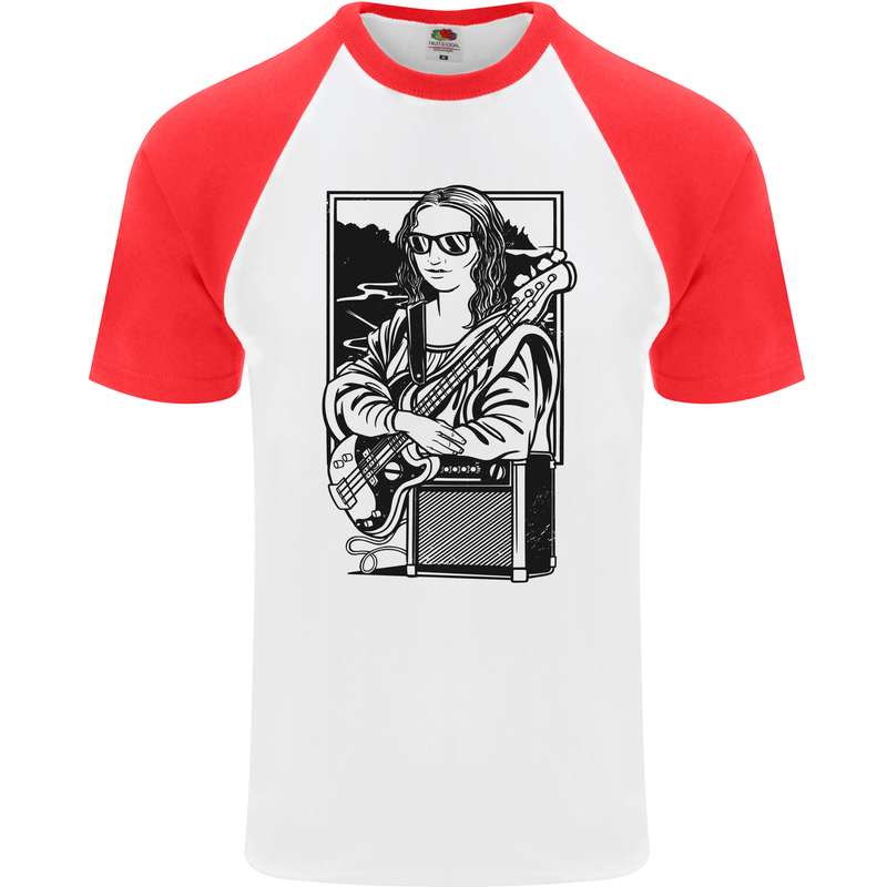 Electric Guitar Mona Lisa Rock Music Player Mens S/S Baseball T-Shirt White/Red