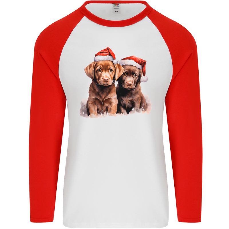 Chocolate Labrador Christmas Puppies Xmas Mens L/S Baseball T-Shirt White/Red