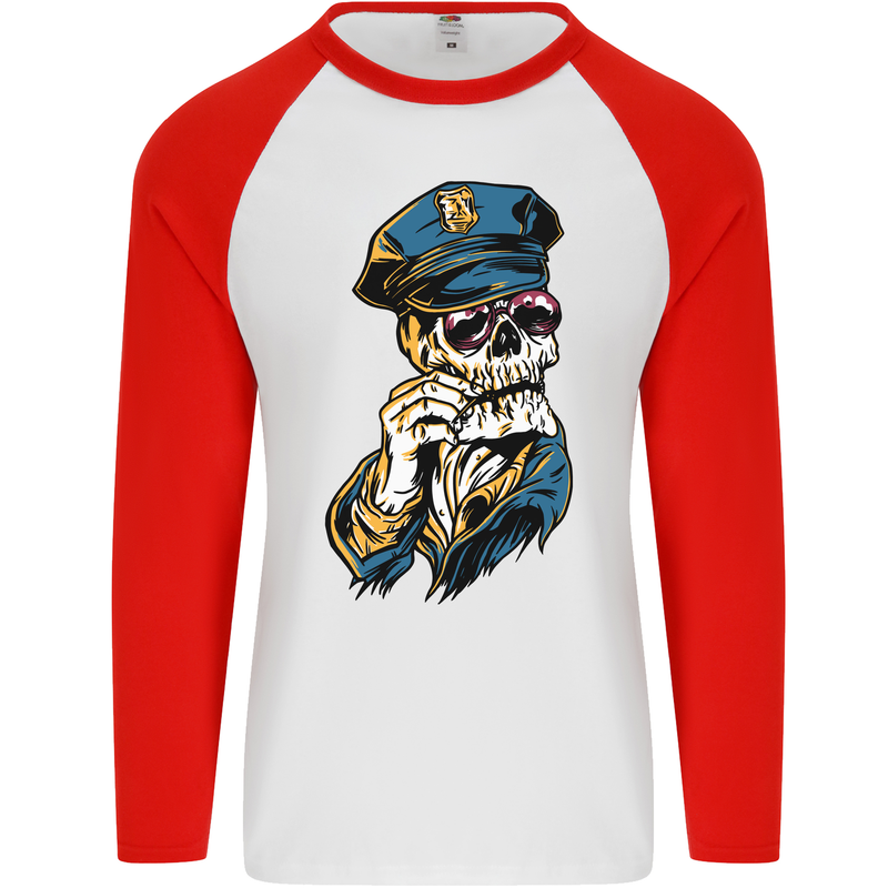 Policeman Skull Police Officer Force Mens L/S Baseball T-Shirt White/Red