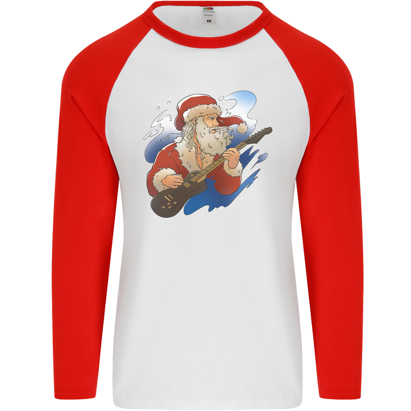 Guitar Santa Funny Christmas Rock n Roll Mens L/S Baseball T-Shirt White/Red