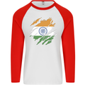 Torn India Flag Indian Day Football Mens L/S Baseball T-Shirt White/Red