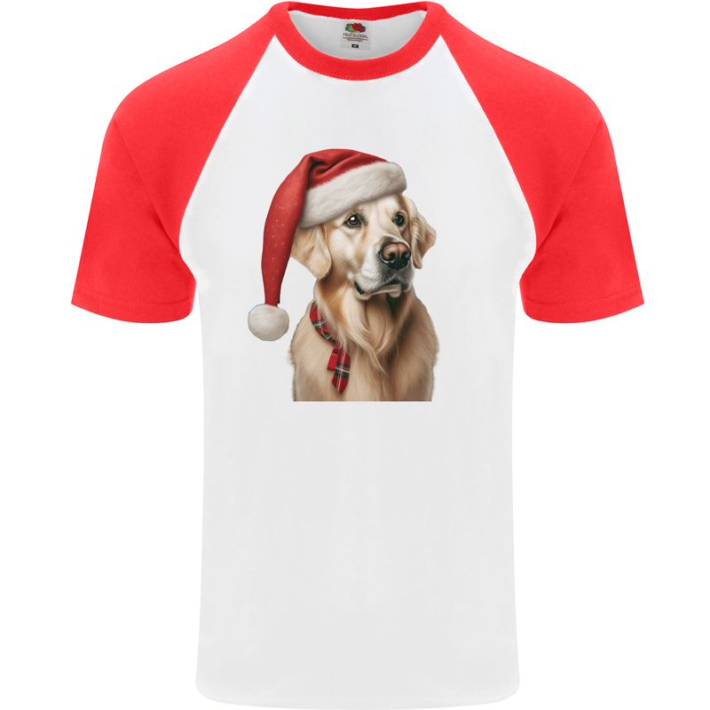 Christmas Golden Retriever Xmas Hat Dog Mens S/S Baseball T-Shirt White/Red