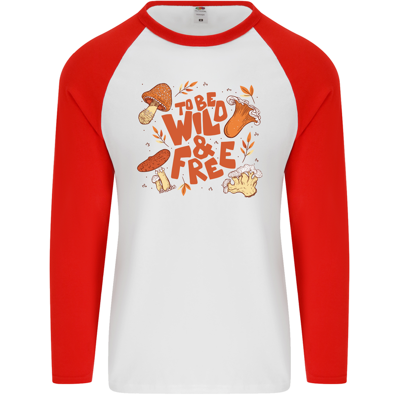 Wild & Free Mushroom Foraging Nature Mens L/S Baseball T-Shirt White/Red