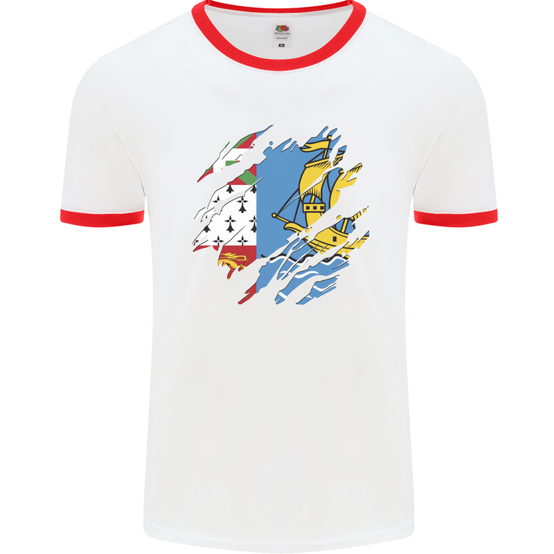 Torn Flag Saint Pierre and Miquelon Mens Ringer T-Shirt White/Red