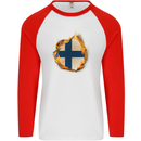 The Finnish Flag Fire Effect Finland Mens L/S Baseball T-Shirt White/Red