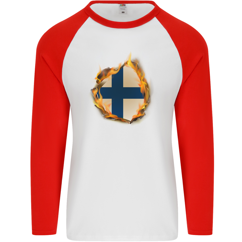 The Finnish Flag Fire Effect Finland Mens L/S Baseball T-Shirt White/Red