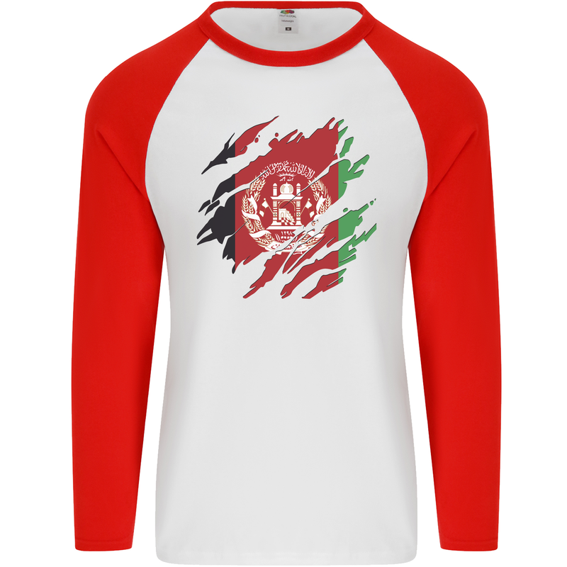 Torn Afghanistan Flag Afghan Day Football Mens L/S Baseball T-Shirt White/Red