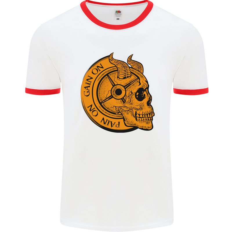 No Pain No Gain Devil Skull Training Gym Mens Ringer T-Shirt White/Red