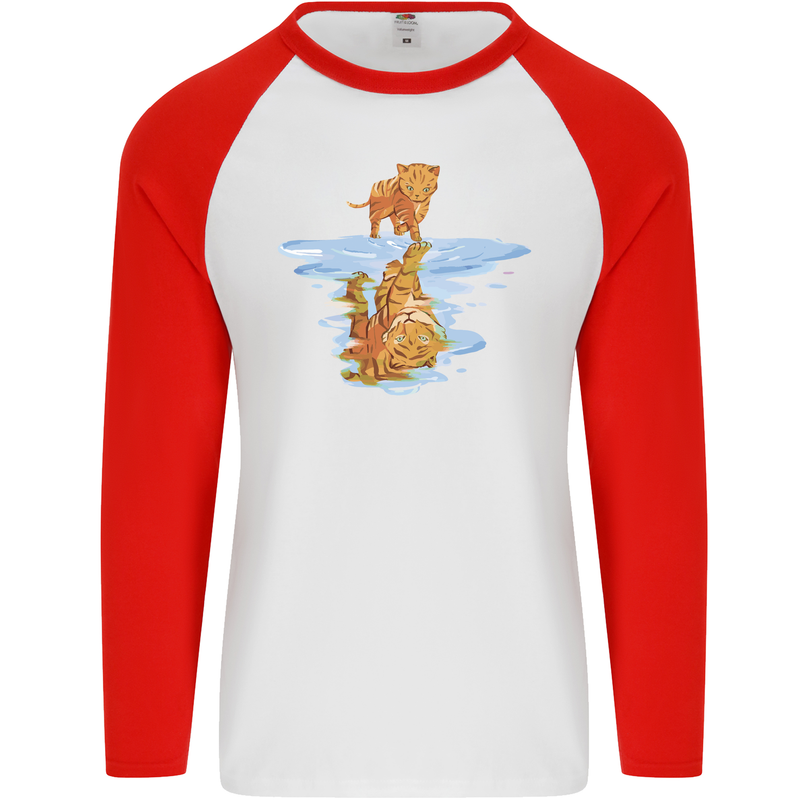 Funny Tiger Cat Reflection Mens L/S Baseball T-Shirt White/Red