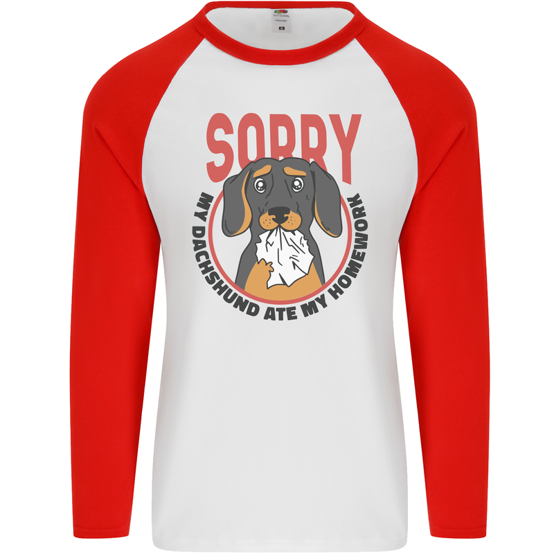 My Dachshund Ate My Homework Funny Dog Mens L/S Baseball T-Shirt White/Red