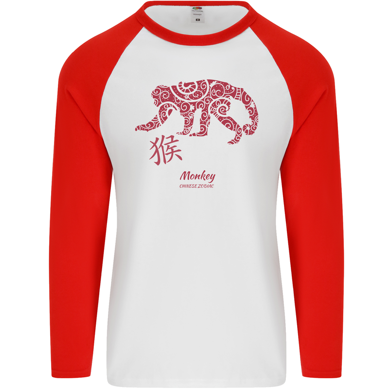 Chinese Zodiac Shengxiao Year of the Monkey Mens L/S Baseball T-Shirt White/Red