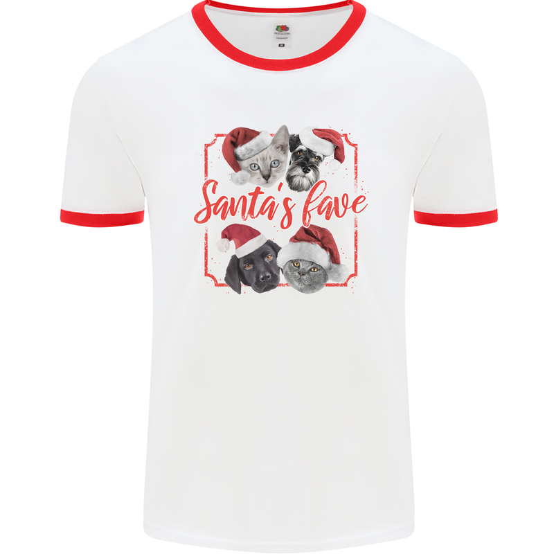 Santa's Fave Cats and Dogs Christmas Xmas Mens Ringer T-Shirt White/Red