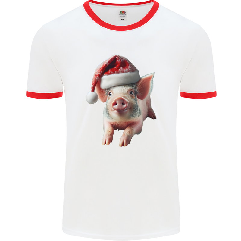 Christmas Pig Wearing Xmas Hats Piglets Mens Ringer T-Shirt White/Red