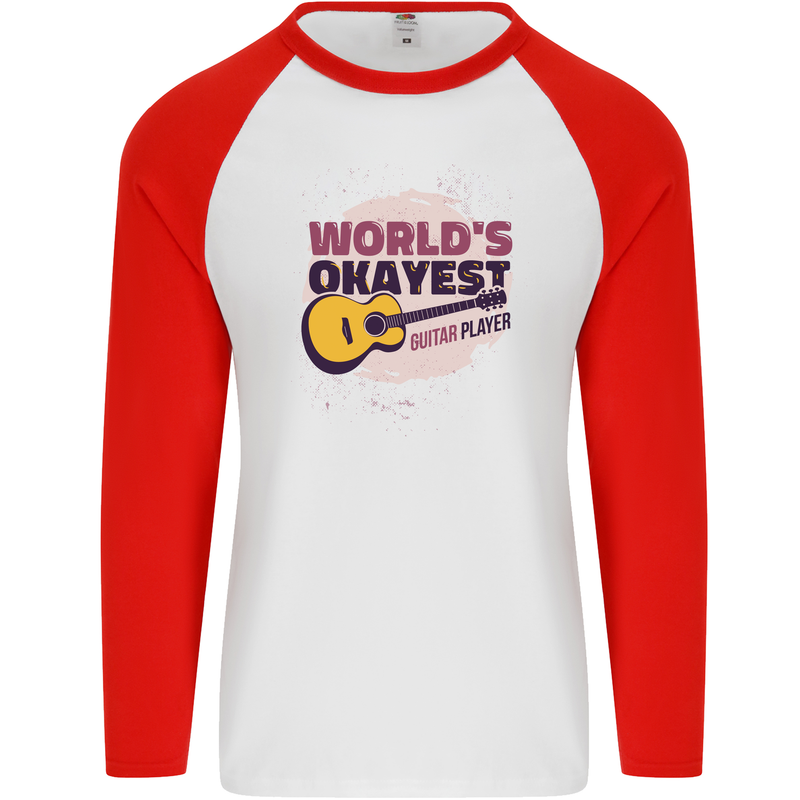 World's Okayest Guitar Player Funny Mens L/S Baseball T-Shirt White/Red