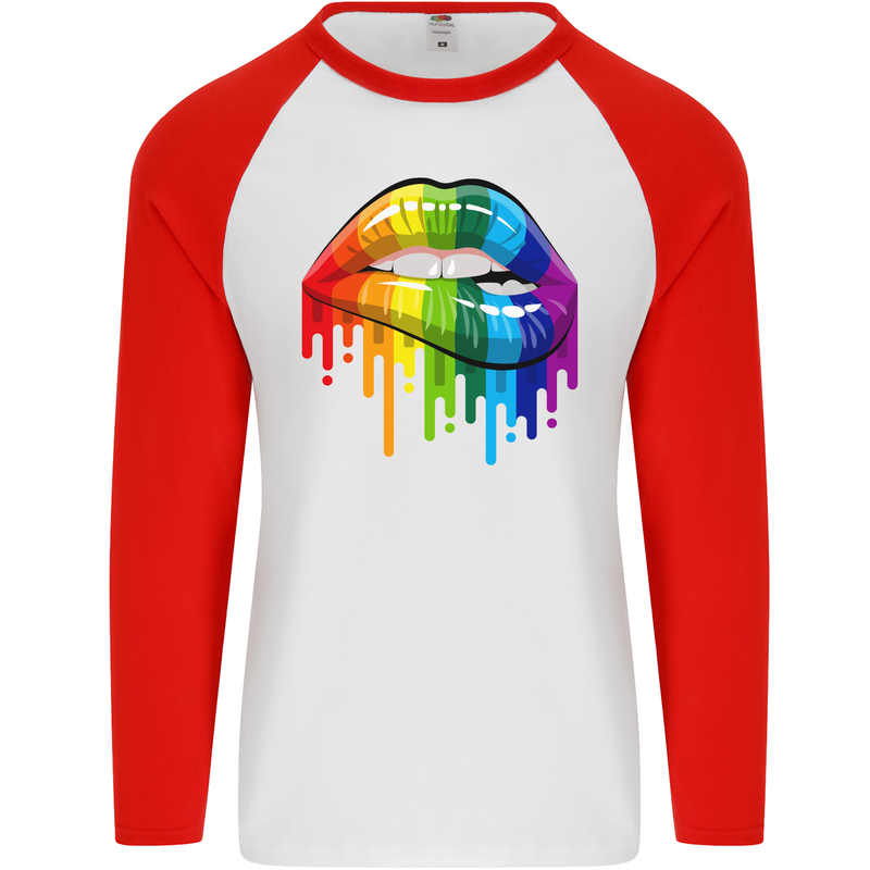 LGBT Bitten Rainbow Lip Gay Pride Day Mens L/S Baseball T-Shirt White/Red