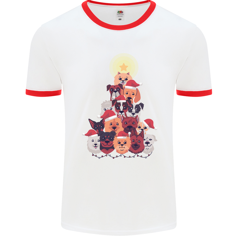 Dog Christmas Tree Xmas Boxer Doberman Mens Ringer T-Shirt White/Red