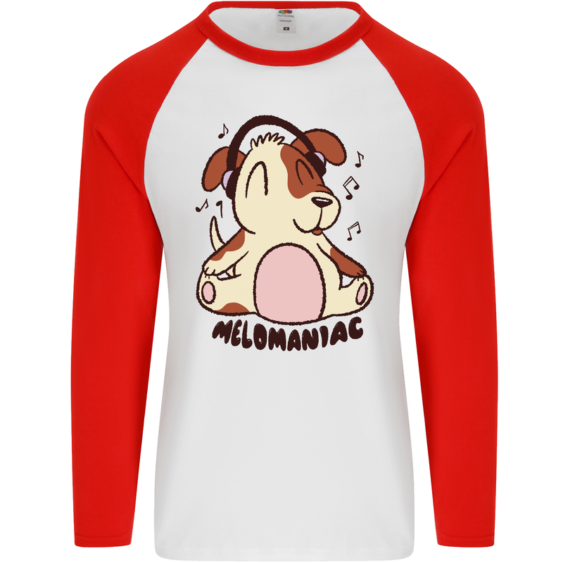 Melomaniac Dog Yoga Meditation Funny Mens L/S Baseball T-Shirt White/Red