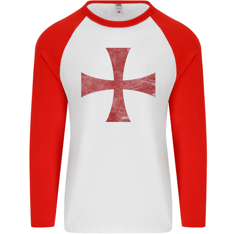 Knights Templar Cross Fancy Dress Outfit Mens L/S Baseball T-Shirt White/Red