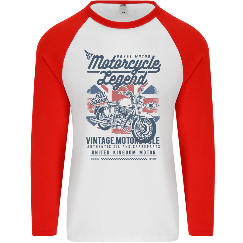 Motorcycle Legend Biker Motorcycle Chopper Mens L/S Baseball T-Shirt White/Red