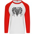 Tribal Bull Skull Buffalo Mens L/S Baseball T-Shirt White/Red