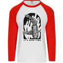 It's Beer Time Skeleton Hand Skull Mens L/S Baseball T-Shirt White/Red