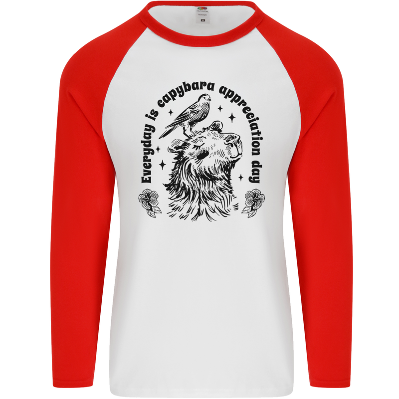Capybara Appreciation Day Mens L/S Baseball T-Shirt White/Red