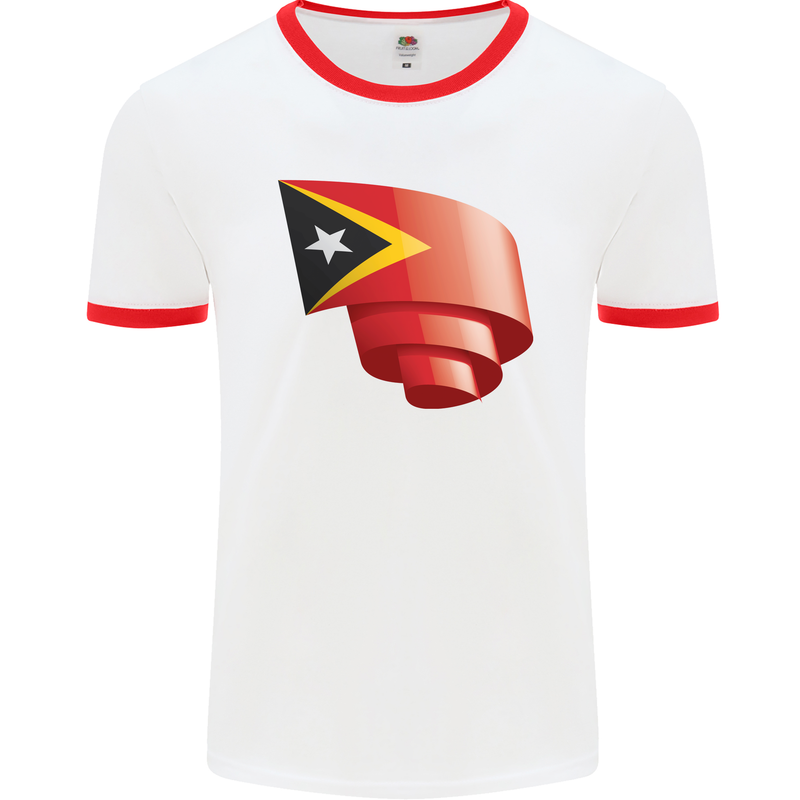 Curled East Timor Flag Day Football Mens Ringer T-Shirt White/Red