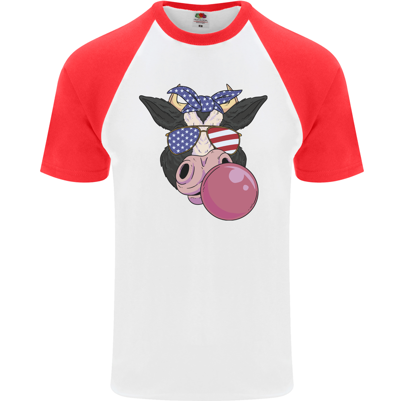 Bubblegum Cow American Shades & Bubble Gum Mens S/S Baseball T-Shirt White/Red