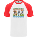 Dogs God is Great Christian Christianity Jesus Mens S/S Baseball T-Shirt White/Red