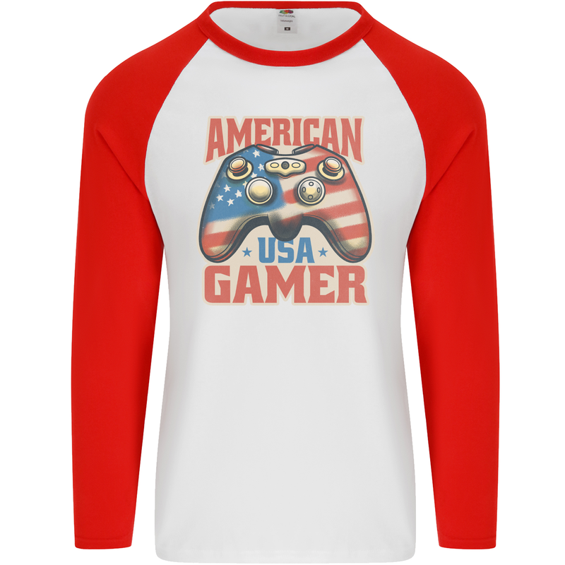 American USA Gamer Video Games Joypad Mens L/S Baseball T-Shirt White/Red