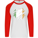 Torn Ireland Flag Irish St Patricks Day Football Mens L/S Baseball T-Shirt White/Red