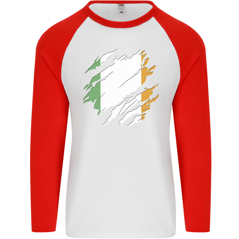 Torn Ireland Flag Irish St Patricks Day Football Mens L/S Baseball T-Shirt White/Red