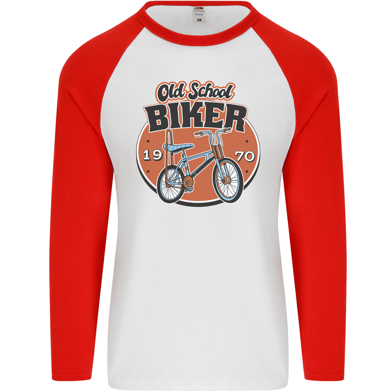 Old School Biker Bicycle Chopper Cycling Mens L/S Baseball T-Shirt White/Red