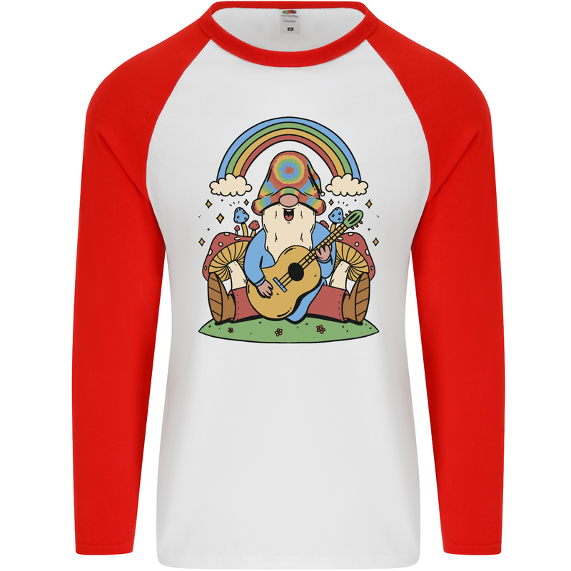 Trippy Guitar Hippy Gnome Magic Mushrooms Mens L/S Baseball T-Shirt White/Red