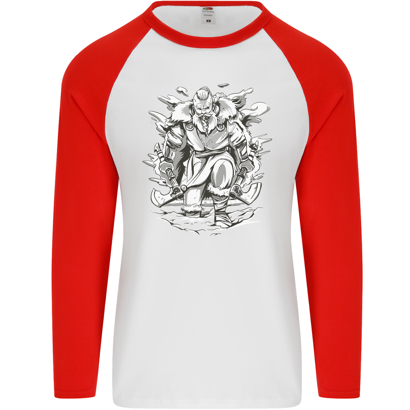 Viking Warrior Valhalla Odin Axe Gym God Mens L/S Baseball T-Shirt White/Red