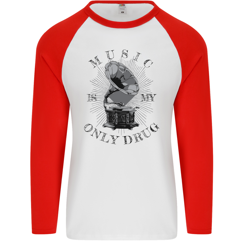 Music Is My Only Drug Funny DJ Vinyl Decks Mens L/S Baseball T-Shirt White/Red