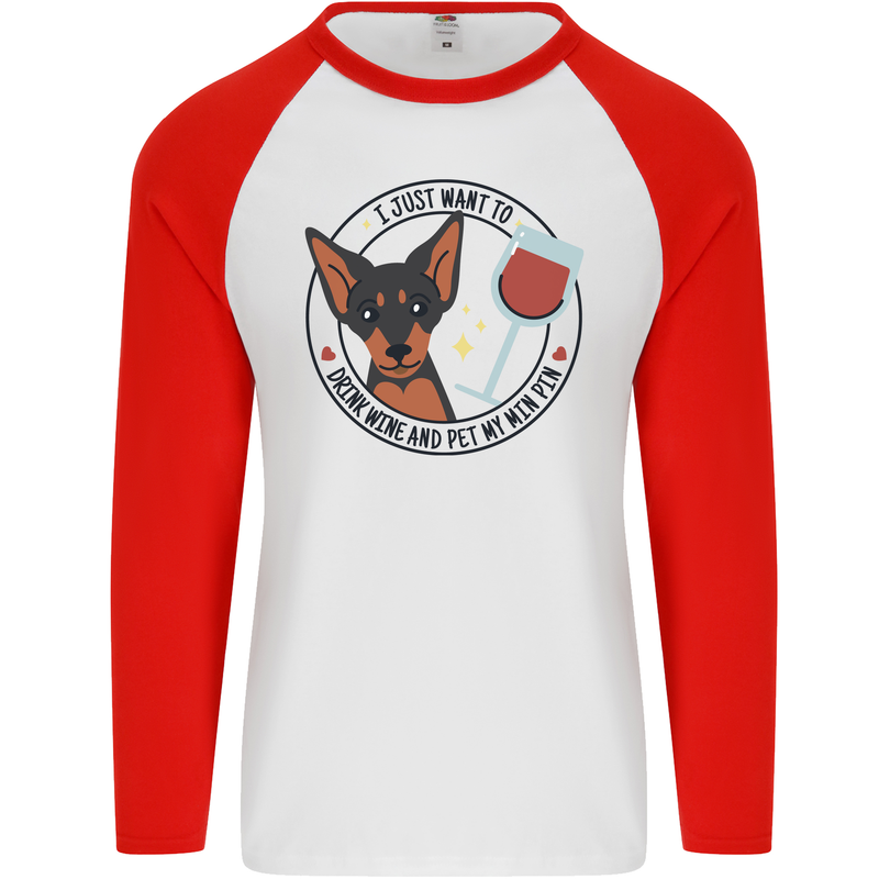 Wine With My Min Pin Miniature Pinscher Dog Mens L/S Baseball T-Shirt White/Red