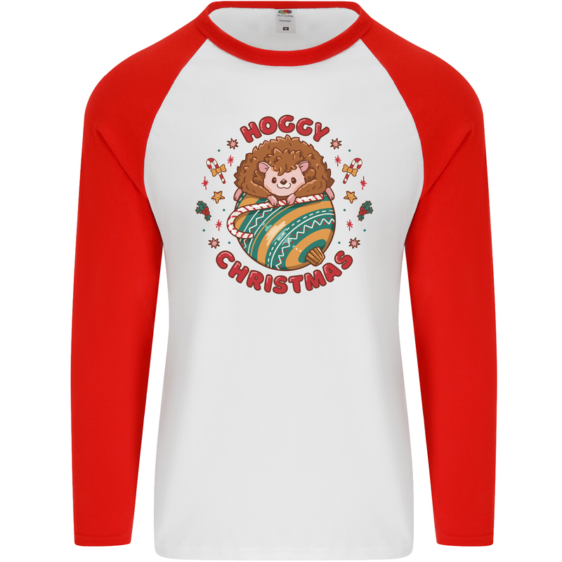 Funny Hoggy Christmas Hedgehog Mens L/S Baseball T-Shirt White/Red