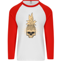 Pineapple Skull Gothic Biker Surfing Mens L/S Baseball T-Shirt White/Red