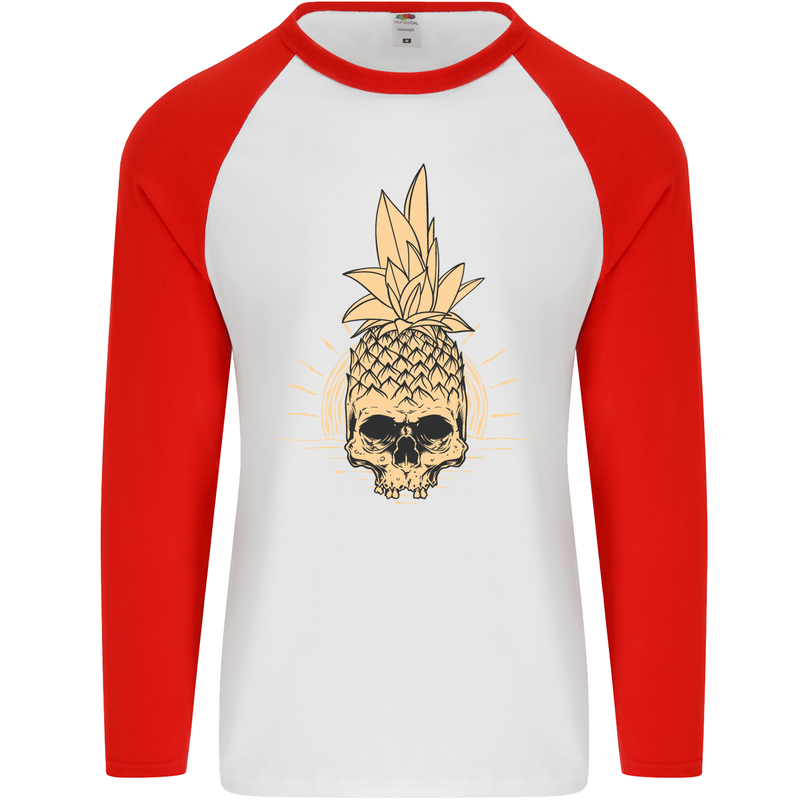 Pineapple Skull Gothic Biker Surfing Mens L/S Baseball T-Shirt White/Red