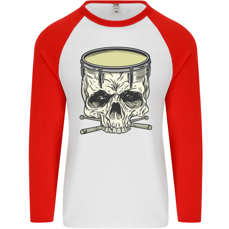 Skull Snare Drum Drummer Drumming Mens L/S Baseball T-Shirt White/Red