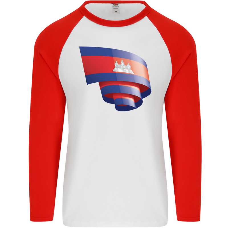 Curled Cambodia Flag Cambodian Day Football Mens L/S Baseball T-Shirt White/Red