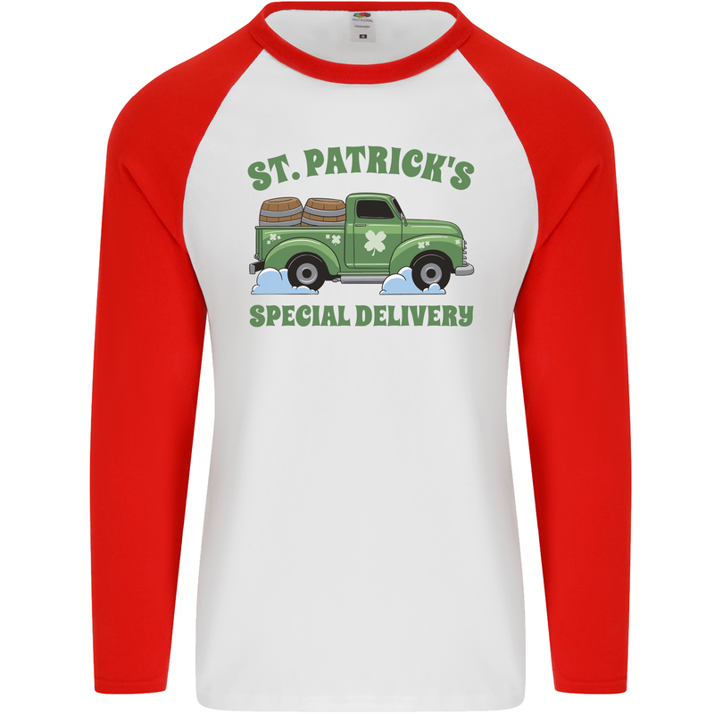 St Patricks Beer Delivery Funny Alcohol Guiness Mens L/S Baseball T-Shirt White/Red