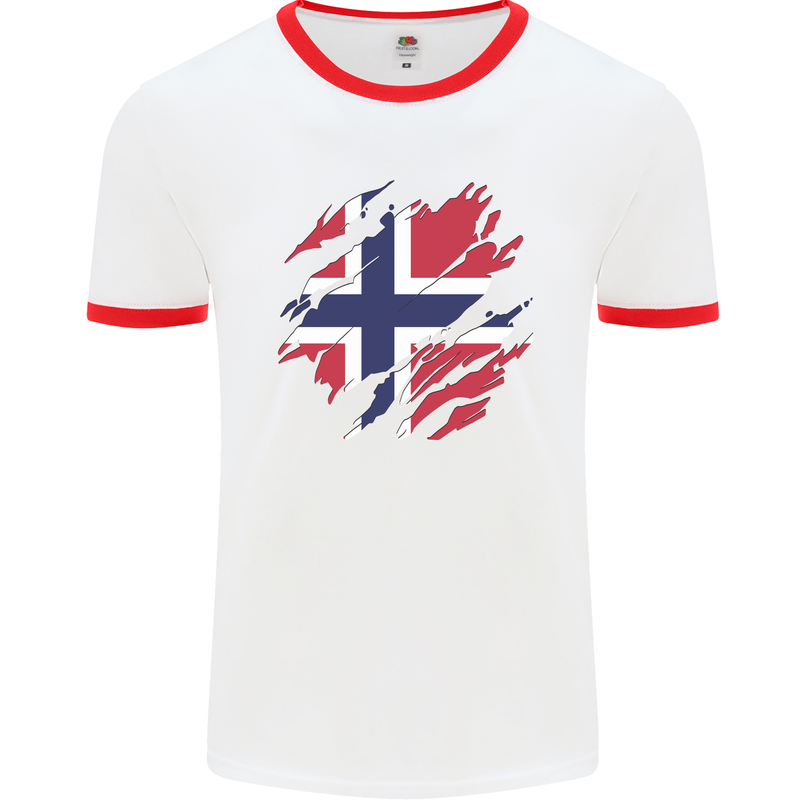 Torn Norway Flag Norwegian Day Football Mens Ringer T-Shirt White/Red