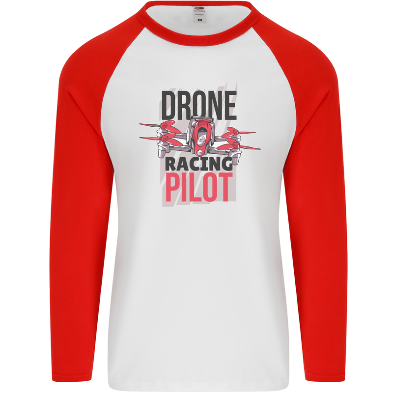 Drone Racing Pilot Mens L/S Baseball T-Shirt White/Red