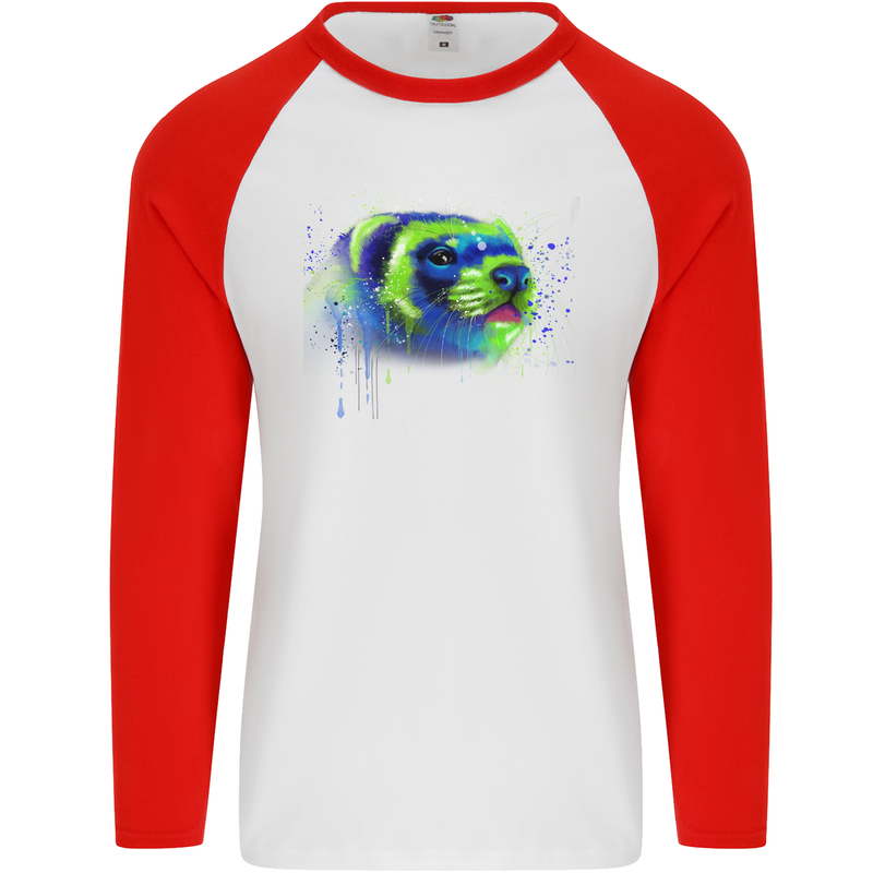 A Ferret Watercolour Mens L/S Baseball T-Shirt White/Red