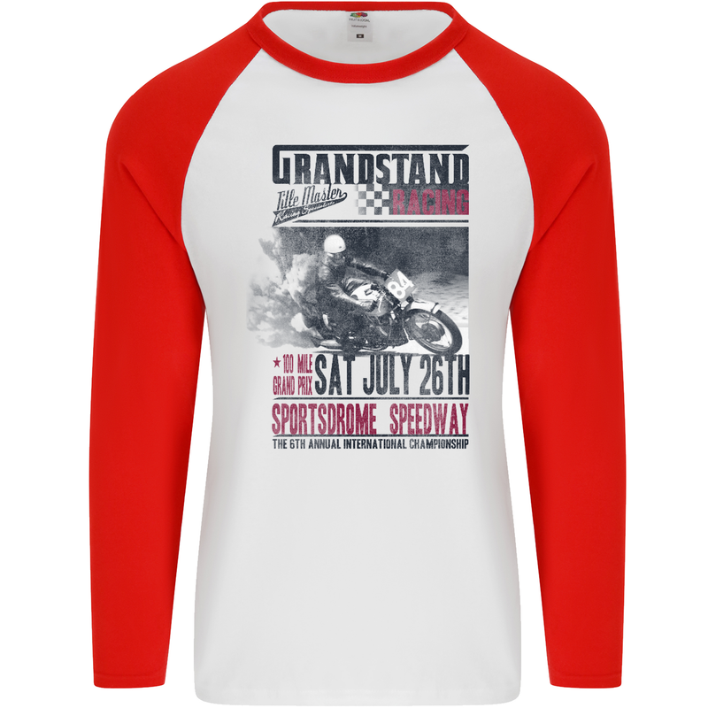 Grandstand Racing MotoGP Motorbike Biker Mens L/S Baseball T-Shirt White/Red